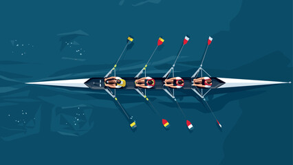 Fototapeta premium Team rowing crew in action on blue water from above in flat design