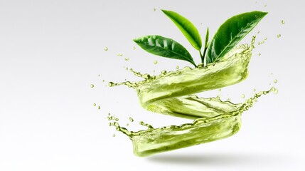 Fototapeta premium Green tea leaves splashing in water creating a dynamic swirl effect, showcasing freshness and vitality against a clean white background