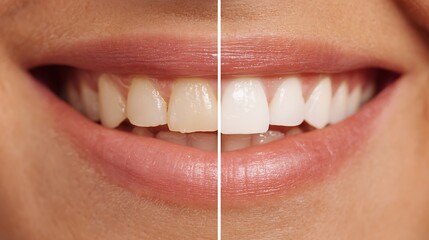 A split-screen comparison of a person's smile before and after teeth whitening treatment