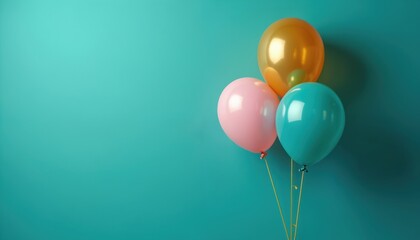 Obraz premium Three helium balloons, one gold one pink and one teal, float against a solid turquoise wall. Simple festive decor creates a clean, bright, and joyful mood.