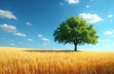 Obraz premium Lone green tree stands in vast golden wheat field under clear blue sky with fluffy clouds. Wide open rural landscape. Peaceful nature scene.