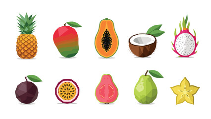 Fototapeta premium Tropical fruits collection: mango, papaya, coconut, dragon fruit, and more in a colorful flat style