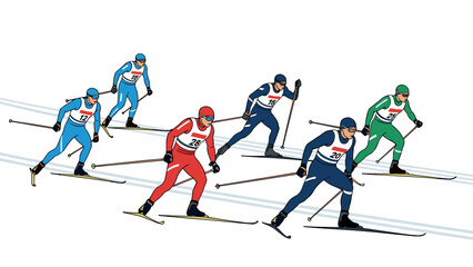 Animated flat illustration of athletes in a cross country skiing race with dynamic movements