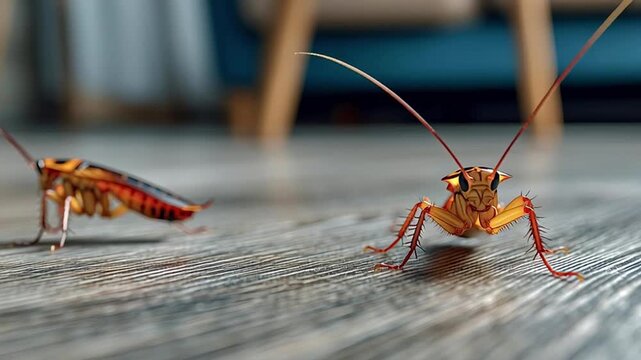 Unwanted american cockroaches crawling on a residential wooden floor, symbolizing a serious pest infestation problem and the need for professional extermination and hygiene control in the home