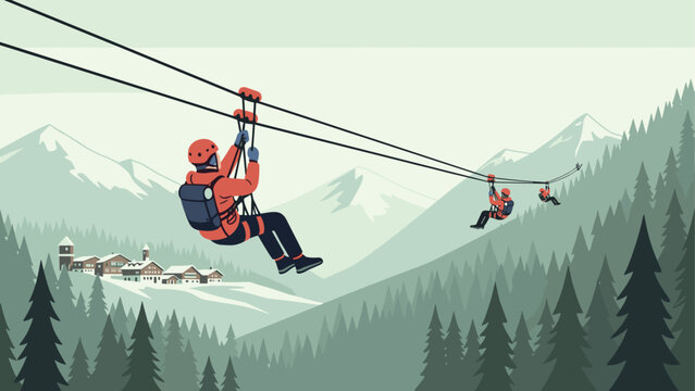 Adventure seekers zip lining through majestic mountain scenery in minimalist style