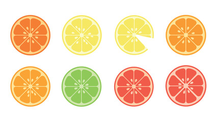 Colorful citrus fruit slices in flat style: orange, lemon, lime, grapefruit