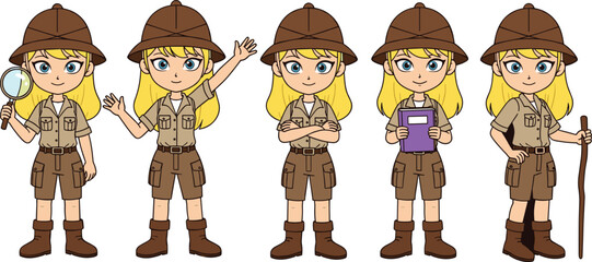 Set of cute blonde girl scout characters in safari uniform, collection of young female explorers with magnifying glass book and hiking stick cartoon vector illustration © MdSoleman