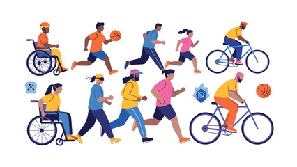 Obraz premium Diverse people engaged in outdoor activities including running and cycling