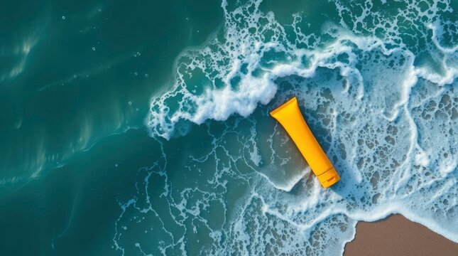An invigorating top-down aerial view captures a bright yellow tube of sun protection product resting gracefully on the wet sand, where gentle ocean waves meet the shore. The pristine turquoise and dee