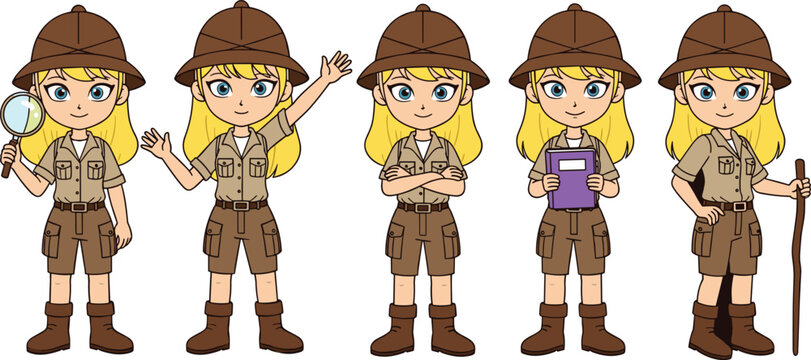 Set of cute blonde girl scout characters in safari uniform, collection of young female explorers with magnifying glass book and hiking stick cartoon vector illustration