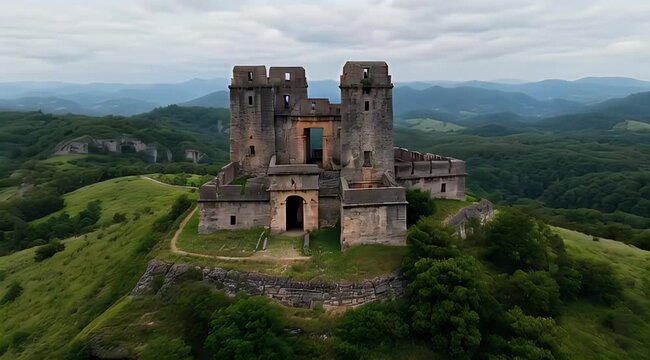 Ancient stone fortress perched on a lush green hill amidst rolling mountains