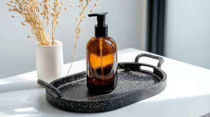 Fototapeta premium Amber Glass Dispenser with Black Pump on Speckled Tray, Minimalist Still Life