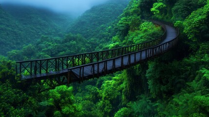 Fototapeta premium Mystical Wooden Bridge Curving Through Lush Green Rainforest Canopy in Dominica