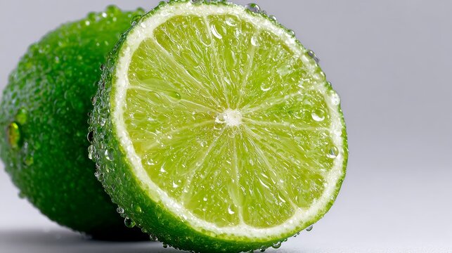 Fresh green limes with water droplets on a light gray background, one lime cut in half revealing juicy interior and vibrant color