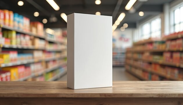 Blank white cereal box on wooden table. Rows of grocery products on shelves in supermarket background. Mockup for product branding or advertising.