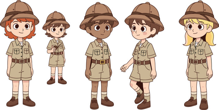 Set of diverse cute children scout characters, collection of young explorers in safari uniform and pith hats cartoon vector illustration