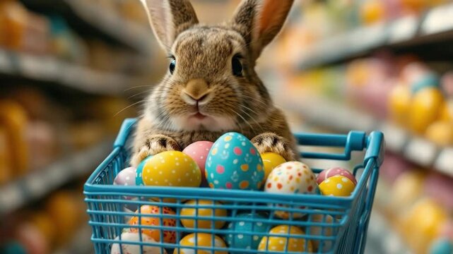 Adorable bunny in shopping cart with colorful easter eggs in store aisle. Easter, Pascha, Paskha, Ostern, Pascua, Paques - Orthodox and Catholic Holiday celebration