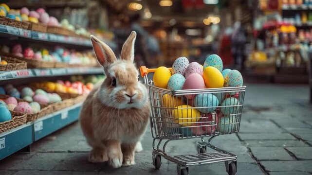 Adorable bunny with mini cart of colorful easter eggs in store aisle. Easter, Pascha, Paskha, Ostern, Pascua, Paques - Orthodox and Catholic Holiday celebration