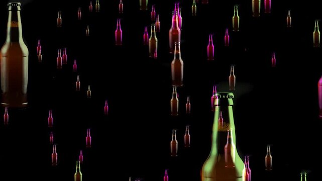 Neon Beer Bottles Floating On Black Background For Party Nightlife And Celebration Visual