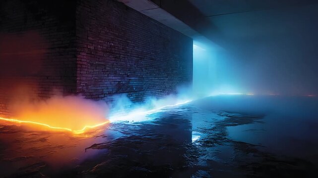 A dramatic and atmospheric image showing a brick archway bathed in contrasting blue and orange light, evoking feelings of mystery, transition, and pot