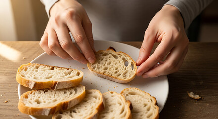 Hands slicing fresh whole grain bread on wooden cutting board in kitchen