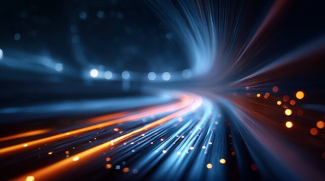 A vibrant abstract image of glowing blue and orange lights speeding through a dark tunnel