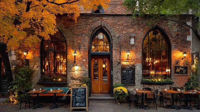 Cozy cafe exterior glows warmly in autumn light, inviting relaxation and a sense of peaceful, nostalgic atmosphere for marketing or travel content.