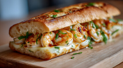 Savory Shrimp Sandwich: A delectable shrimp sandwich on a fresh baguette, overflowing with succulent shrimp, melted cheese, and fresh herbs, artfully presented on a wooden cutting board.