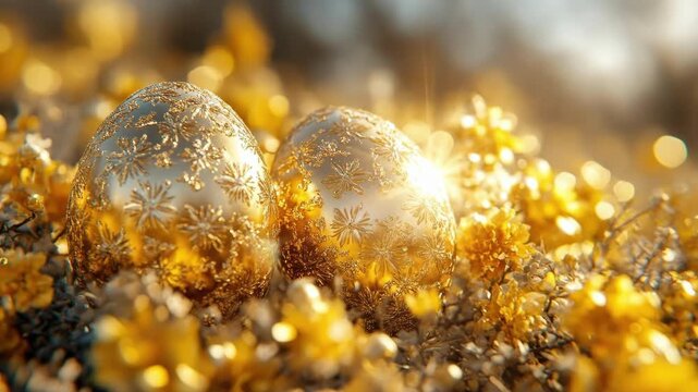 Golden easter eggs with intricate floral patterns in a vibrant meadow. Easter, Pascha, Paskha, Ostern, Pascua, Paques - Orthodox and Catholic Holiday celebration