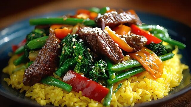 A vibrant and appetizing stir-fry dish with beef, broccoli, bell peppers, and rice, perfect for showcasing healthy eating and delicious cuisine for me