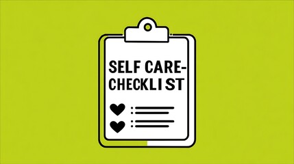 A self-care checklist on a clipboard with a heart design on a bright green background