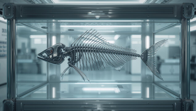 研究用水槽で展示されるスケルトンロボット魚のプロダクト3DCG