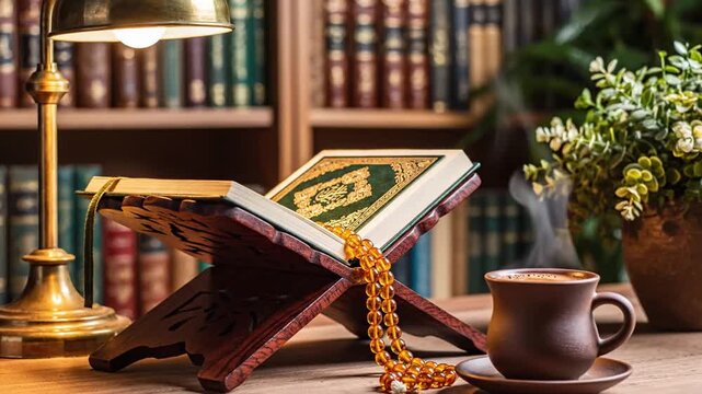 Open Quran on stand with prayer beads, coffee cup, and lamp
