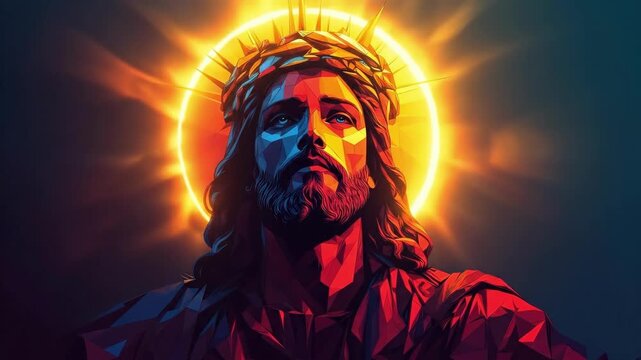 Geometric art of jesus with crown of thorns and radiant halo in vibrant colors. Easter, Pascha, Paskha, Ostern, Pascua, Paques - Orthodox and Catholic Holiday celebration