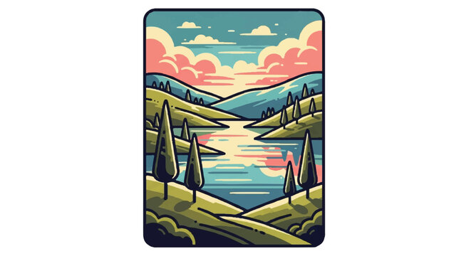Scenic landscape illustration of mountains trees and lake under colorful sky