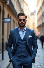 Fototapeta premium Man in blue suit with sunglasses stands on cobblestone street. He has beard and hands in pockets, looking directly ahead. City buildings line the background.