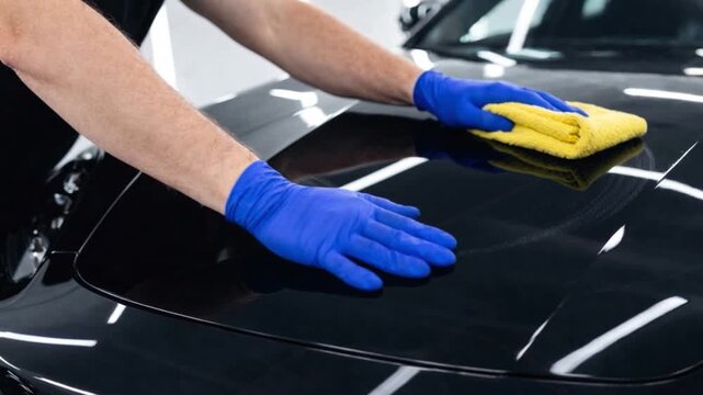 Professional detailing a car in car studio cleaning car with microfiber cloth, car detailing (or valeting) concept.
