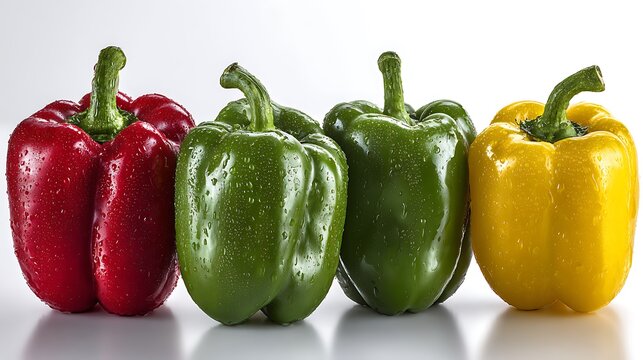 A vibrant display of colorful bell peppers on a white background