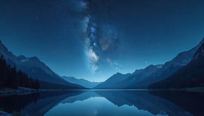 Fototapeta premium Vast lake reflects mountains and starry night sky with Milky Way. Dark pine forest borders calm water body. Serene wilderness landscape under celestial panorama.