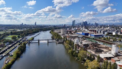 Aerial view of Frankfurt skyline and Main river in Germany