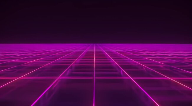 Neon grid stretches into a dark horizon