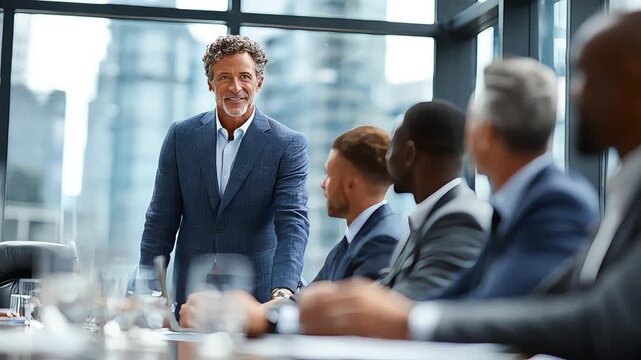 A smiling businessman confidently addresses his team in a modern boardroom with a city view, conveying authority, progress, and positive leadership fo