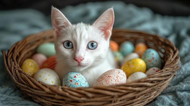 White kitten sitting in wicker basket surrounded by colorful easter eggs. Easter, Pascha, Paskha, Ostern, Pascua, Paques - Orthodox and Catholic Holiday celebration