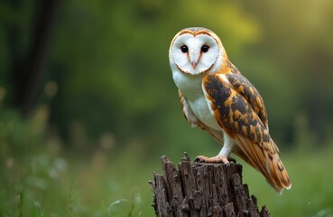 Barn owl sits on wood stump in forest. Bird has striking feathers and dark eyes. Nature scene with green blurred background. Wild animal closeup shot.