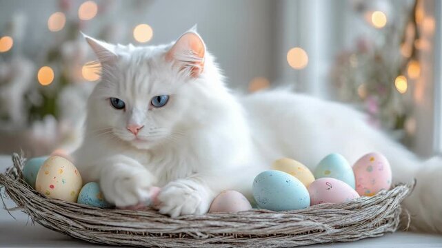 White cat with blue eyes resting among colorful easter eggs in a nest. Easter, Pascha, Paskha, Ostern, Pascua, Paques - Orthodox and Catholic Holiday celebration