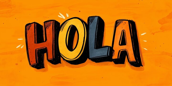 &ldquo;HOLA&rdquo; bursts in bold, vibrant letters against warm orange cheerful and inviting. The playful design radiates, cultural celebration, and friendly greeting.