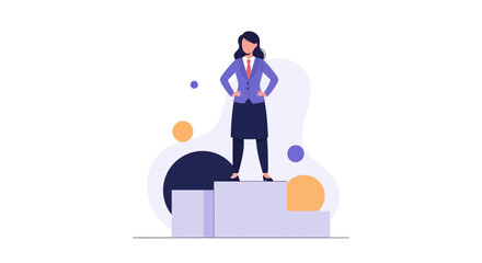 A confident woman icon in a blue shirt and black pants stands on a block with colorful shapes around her, symbolizing empowerment and business leadership on Women's History Month, against a © DIAHIMAGESNEW