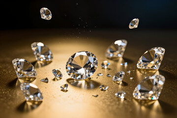 Brilliant diamonds scattered on a golden surface with sparkling reflections