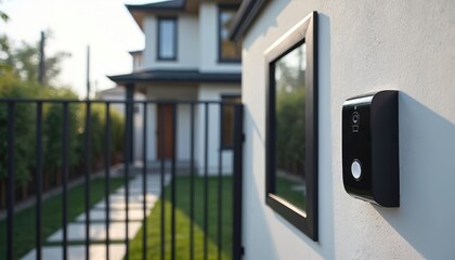 Fototapeta premium Modern video doorbell attached to house wall near black metal gate. Device offers home security and access control. Futuristic tech gadget protects property. Smart home system.