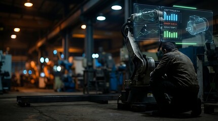 Obraz premium A man in a factory setting interacts with holographic icons overlay on a futuristic interface while working on a machine.